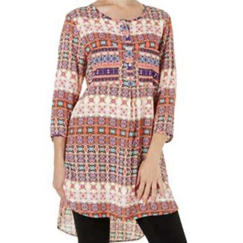 Anthropologie Fig & Flower Boho 3/4 Sleeve High Low Tunic Top Dress Size Medium